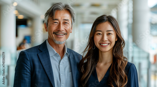 A asian confident and handsome businessman with a friendly smile with A asian confident and bueatiful businesswoman with a friendly smile, standing together.