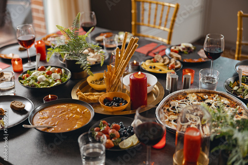 Brunch table setting with tasty delicious food and beverages ready for holiday home party