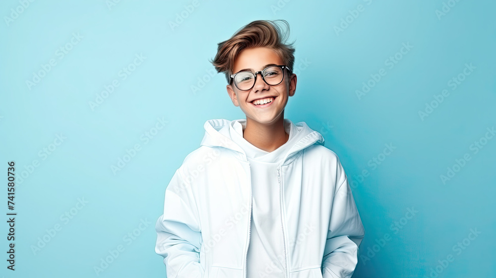 Happy Teenage Boy with Glasses and white Jacket isolated on b blue ackground