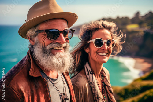 Portrait of an elderly couple traveling together, admiring the beautiful landscape and nature, feeling young and free