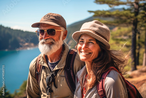 Portrait of an elderly couple traveling together, admiring the beautiful landscape and nature, feeling young and free photo
