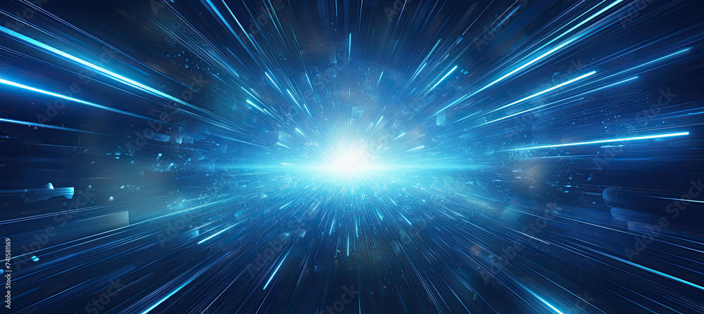Fototapeta premium Hyperspace tunnel, radiating energy and light. Bright stars illuminate the blue explosion. Futuristic concept