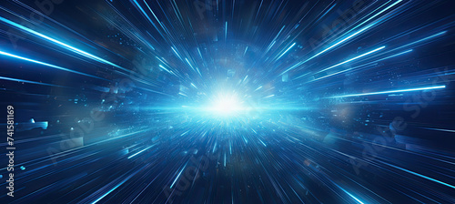 Hyperspace tunnel, radiating energy and light. Bright stars illuminate the blue explosion. Futuristic concept