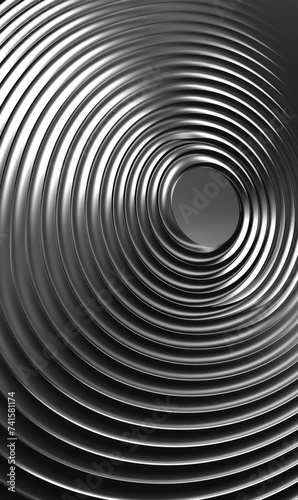 Monochrome metallic spiral creating a hypnotic optical illusion.