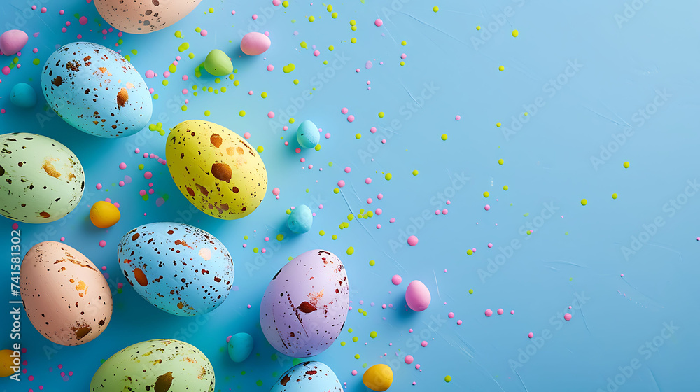 Colorful dyed easter eggs on blue background.