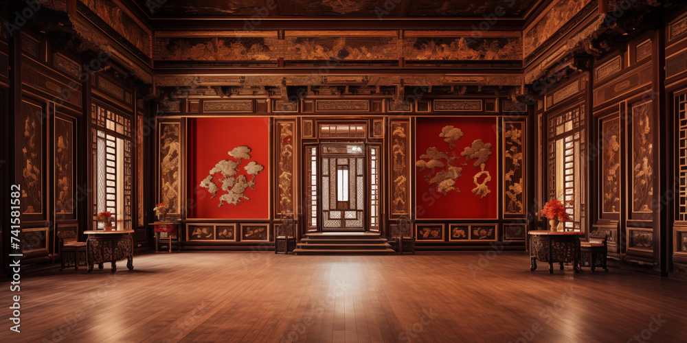 Obraz premium Stylish Shanghai art gallery interior hall with sleek, a grand ballroom with a dramatic, A captivating false ceiling in a traditional hall