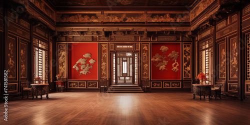 Stylish Shanghai art gallery interior hall with sleek, a grand ballroom with a dramatic, A captivating false ceiling in a traditional hall photo