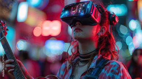 An asian female wearing a VR headset, art, futuristic resonance, virtual reality mockup