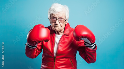 Old senior woman fighter with red boxing gloves isolated on blue background ©  Mohammad Xte