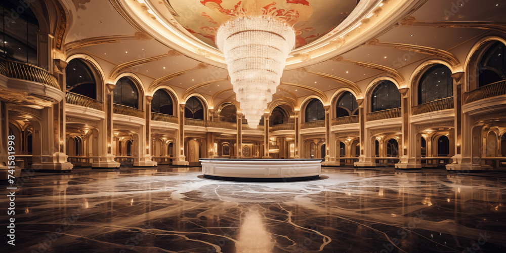 Obraz premium Empty luxury hotel lobby, with sleek modern design and chic decor, awesome picture of internal hall design decorated with ceiling lights