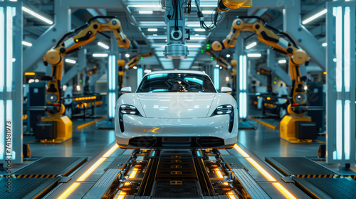 A high-end sports car on an automated assembly line with precision industrial robots in a modern manufacturing plant. ai