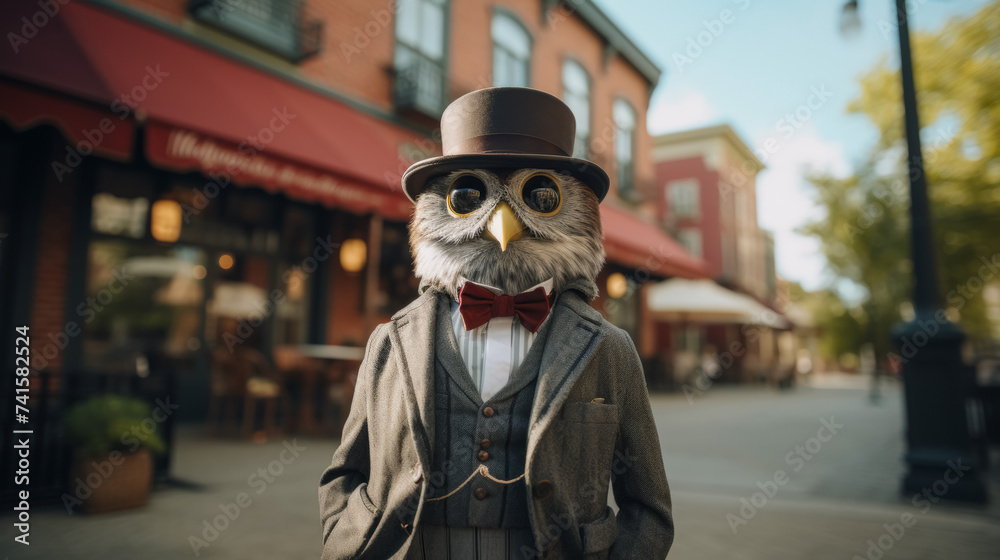 Imagine a suave owl in a tailored suit, complete with a top hat and a cane. Against a backdrop of Victorian mansions, it exudes old-world charm and refined taste. Mood: classic and sophisticated.
