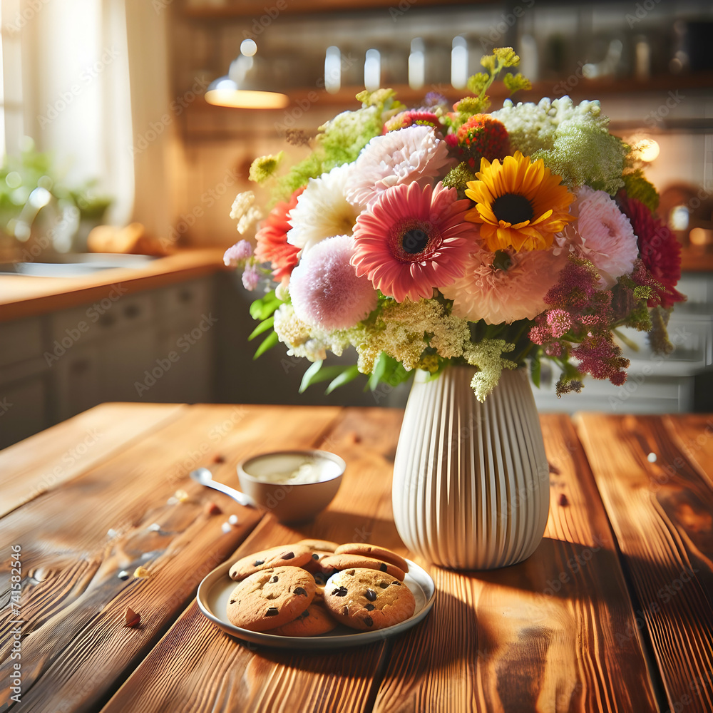 A wooden table on a blurred kitchen bench background with a vase of colorful flowers and a plate of cookies, table, biscuits, breakfast, flowers, Ai generated 