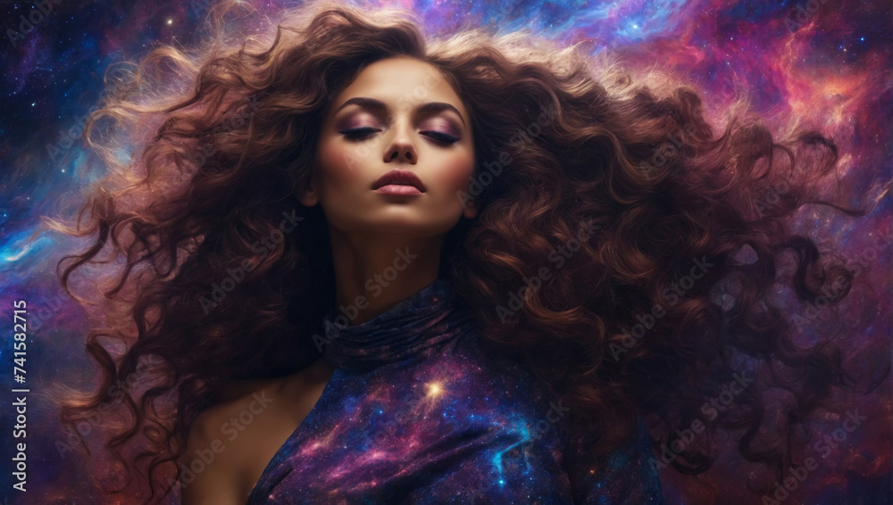 Curly brunet woman on colorful galaxy background. AI generated