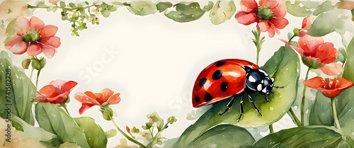 Red flowers, ladybugs and green leaves. Illustration of a ladybug sitting alone on a leaf. © feelsogood