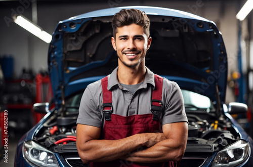 Attractive confident male auto mechanic working in Car service. AI generated