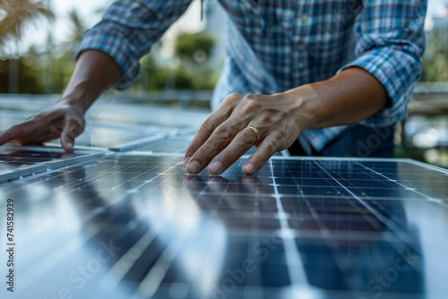 Engineer Drafting Solar Panel Installations. An engineer in a checkered shirt is focused on drafting solar panel installations, surrounded by greenery in a sunlit office.