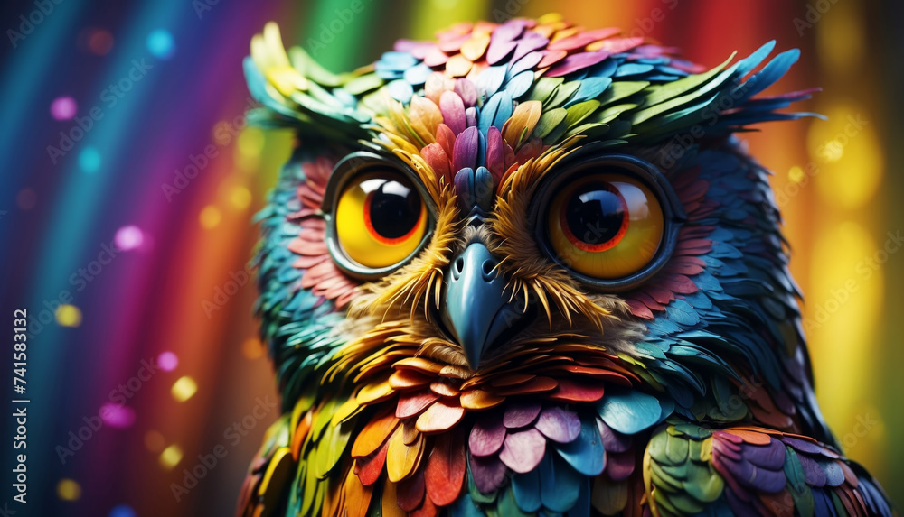 Obraz premium Rainbow colored cartoon owl on blurred background. AI generated