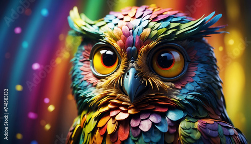 Rainbow colored cartoon owl on blurred background. AI generated © Mystery