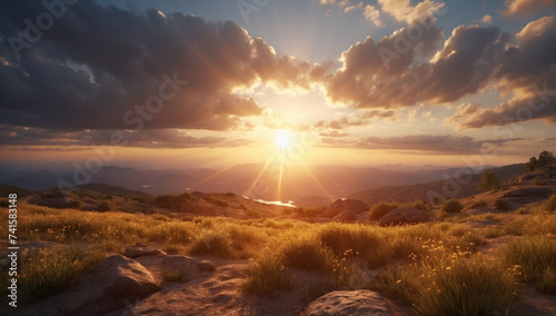 Beautiful sunset in a mountain valley with a river. AI generated © Mystery