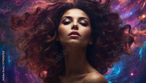 Curly brunet woman on colorful galaxy background. AI generated © Mystery