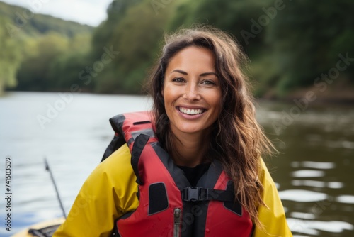 Portrait of a beautiful smiling woman in a yellow life jacket on the background of a lake © Nerea