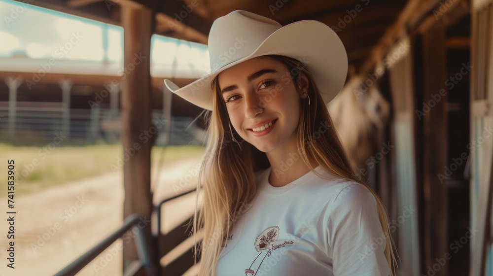 image of cowgirl shot in studio wearing jeans, white t-shirt and cowboy hat. image of cowgirl shot in studio wearing jeans, white t-shirt and cowboy hat.