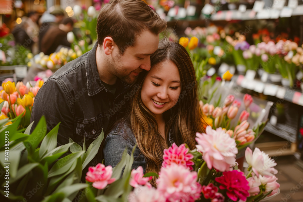 A loving couple embraces surrounded by vibrant flowers at a bustling market.