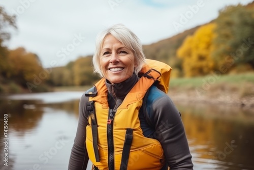 Portrait of a happy senior woman standing by the lake in autumn © Nerea