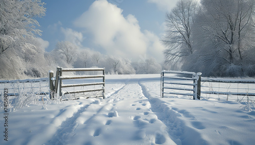 A journey paused - portrayed by footprints on a pristine snowy path that culminates at a yet-to-open gate  - wide format