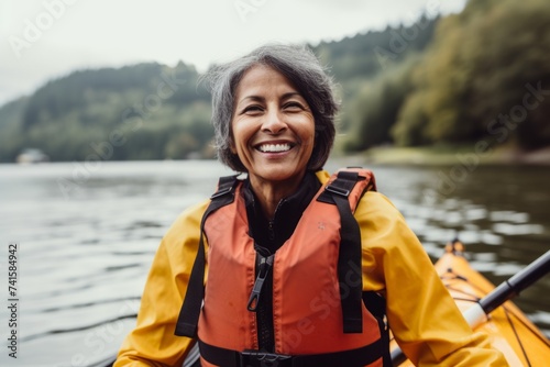 Portrait of a smiling senior woman kayaking on a lake. © Nerea