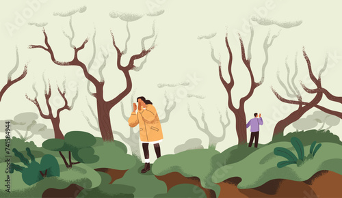 Lost woman, man searching each other in woods, calling, hoping. Sad couple wandering, missing. Relationship problem, psychology concept. Lonely people looking for partner. Flat vector illustration