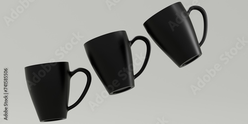 Black curved mug mockup, floting on air on a grey background.