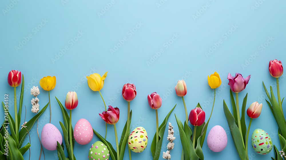 Happy Easter concept border made of tulips spring flowers and colorful Easter eggs on light blue background Happy Easter concept border made of tulips spring flowers and colorful Easter eggs on light blue background