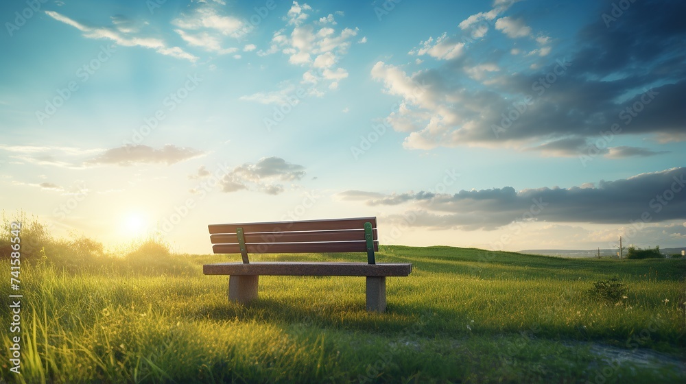 A bench on a hill at sunset., Beautiful view A bench on a hill at sunset., Beautiful view