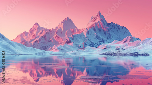 A breathtaking view of majestic snowy mountains under a soft pink and blue sunrise sky, resembling a cotton candy landscape. Snowy peaks at sunrise, the snow reflecting the pink sky.