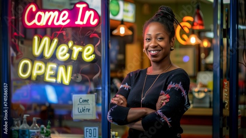 A stylish woman stands confidently in front of a colorful street sign, her human face adorned with a bright smile as she holds a refreshing soft drink, surrounded by the bustling outdoor shops and st