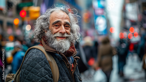 Cheerful senior man with a thick gray beard and joyful expression on a vibrant city street.