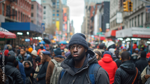 Focused young African American man wearing a beanie stands out in a bustling city crowd. © NaphakStudio