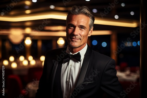 Handsome mature man in elegant tuxedo at night club.