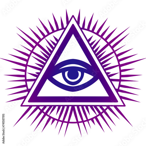 Occult providence eye magical esoteric religion sign in pyramid, tattoo design with mason pyramid. Vector eyesight and vision symbol, sacred magical eye photo