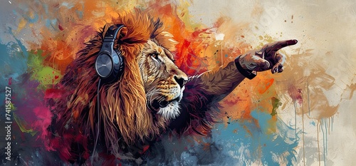 On a brightly colored background, a lion wearing headphones points his finger. Generated AI