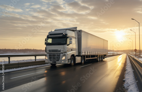 The truck is driving on the road at sunset, generative AI