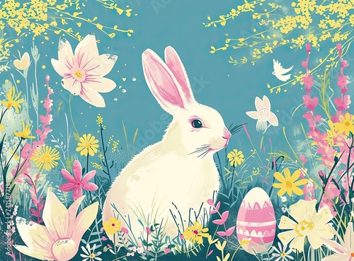 Flower field rabbit bunny surrounded by blooms, butterfly in blue sky. Generated AI