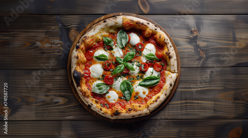 Overhead shot of a Margherita pizza with vibrant green basil, mozzarella blobs, and cherry tomatoes on a rustic wooden table. Italian Pizza.