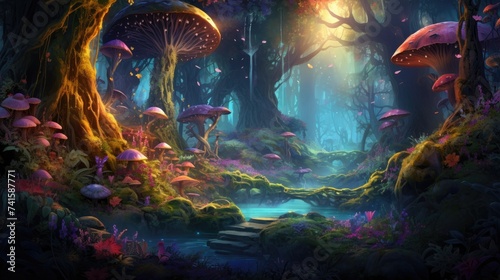 Enchanted forest landscape with mystical mushrooms at twilight. Fantasy world. © Postproduction