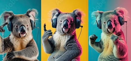 Koalas with headphones three pointing fingers on vibrant backdrop. Generated AI