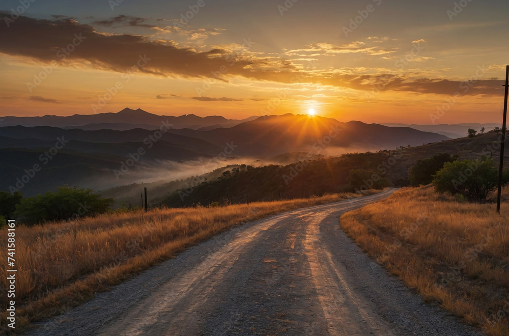 sunset in the mountains and dirt road