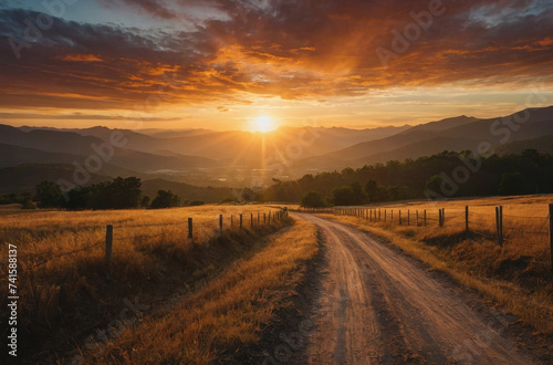 sunset in the mountains and dirt road