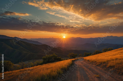 sunset in the mountains and dirt road